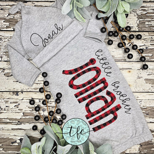 {Buffalo Plaid + Gray} baby name gown and hat