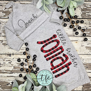 {Buffalo Plaid + Gray} baby name gown and hat