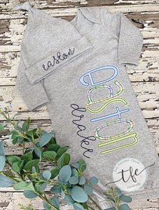 {Boys Newborn Name Gown + Hat} gray