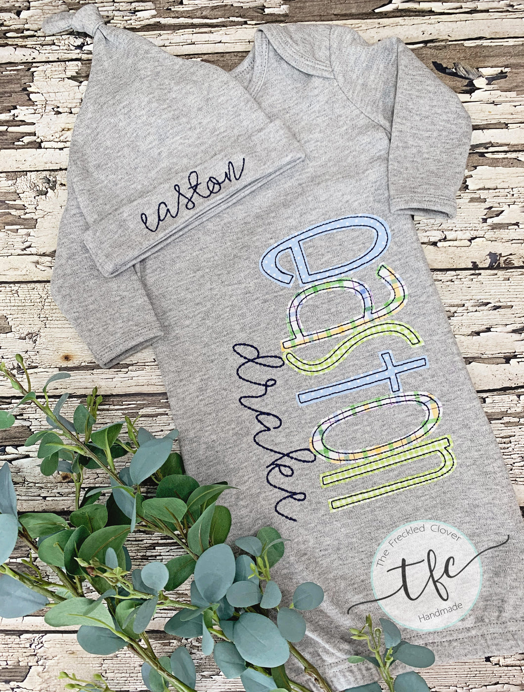 {Boys Newborn Name Gown + Hat} gray