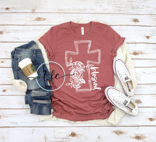 {Blessed} Cross+Flowers screen print tee