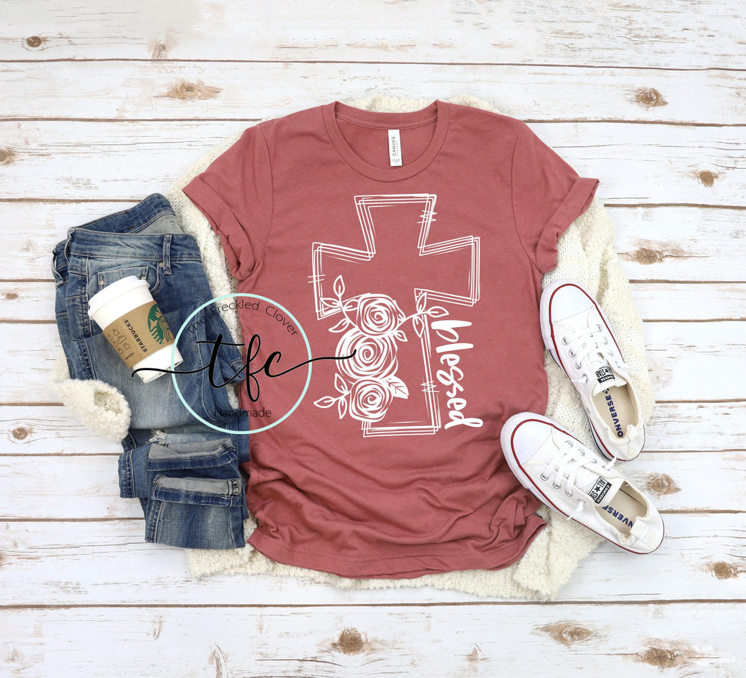 {Blessed} Cross+Flowers screen print tee