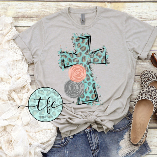 {Turquoise Leopard Floral Cross} tee
