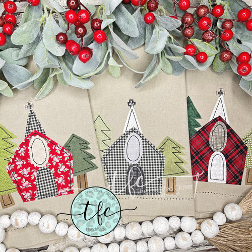 {Simple Christmas Church} applique tea towel