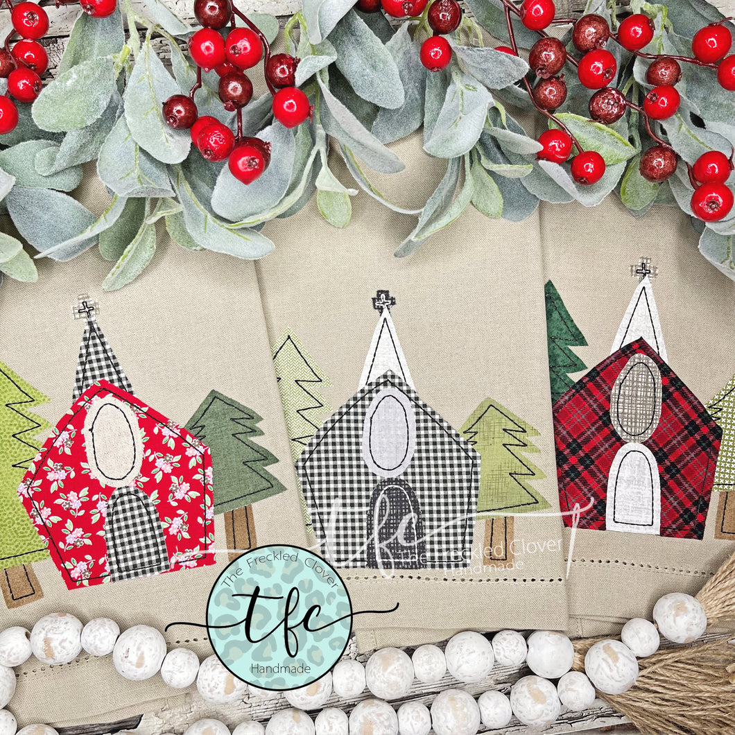 {Simple Christmas Church} applique tea towel