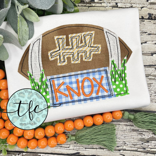 {Football w/Grass + Name plate} boy's applique tee