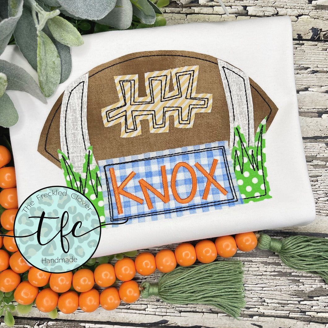 {Football w/Grass + Name plate} boy's applique tee