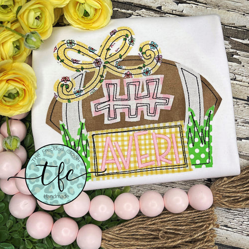 {Football w/Grass + Name plate} girl's applique tee