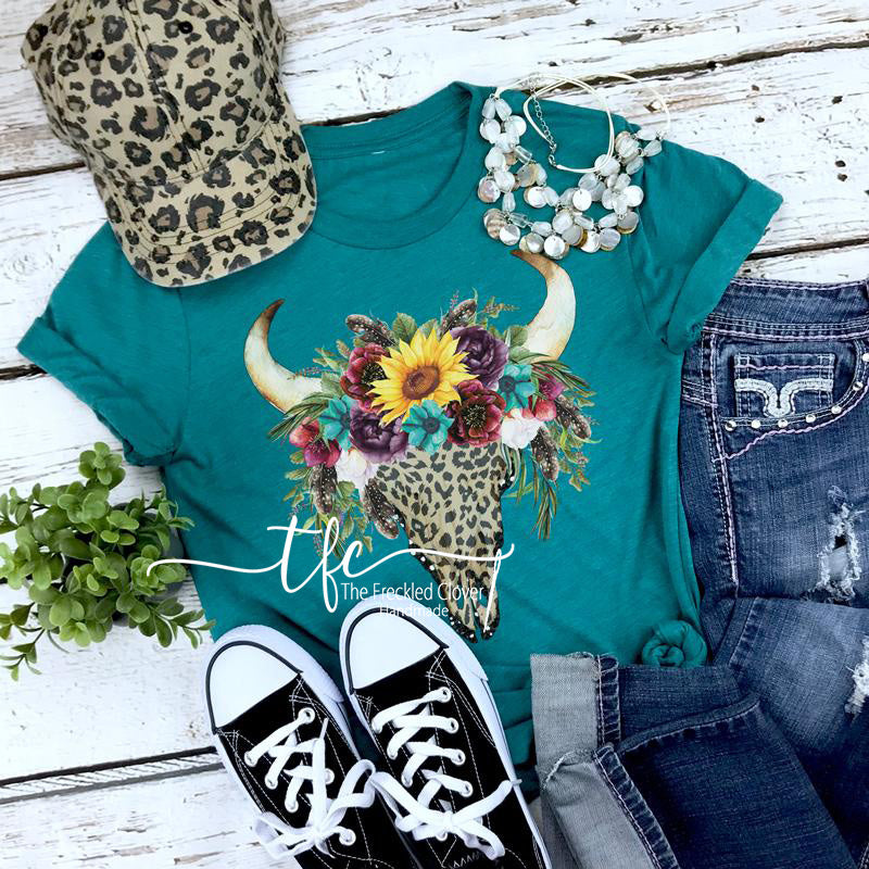 {Leopard Floral Bull Skull} screen print tee