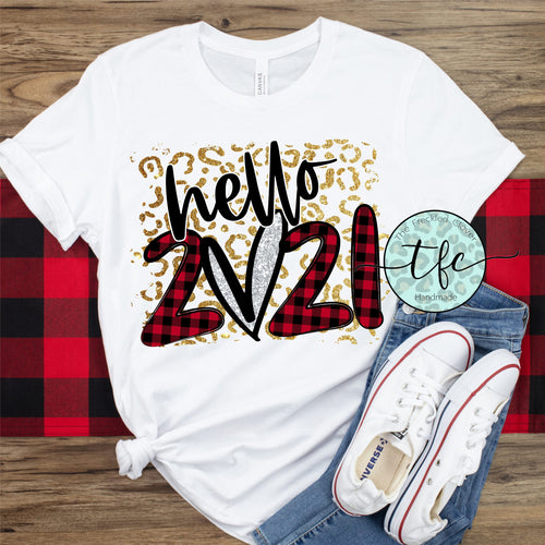 {Hello 2021} leopard+buffalo plaid tee