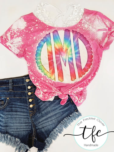 {Distressed Tie Dye Rainbow Monogram} Tee