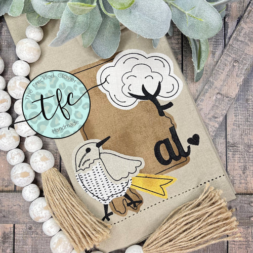{Alabama State Bird + Cotton Boll} applique tea towel