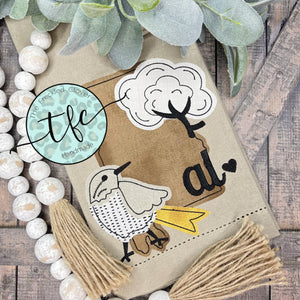 {Alabama State Bird + Cotton Boll} applique tea towel
