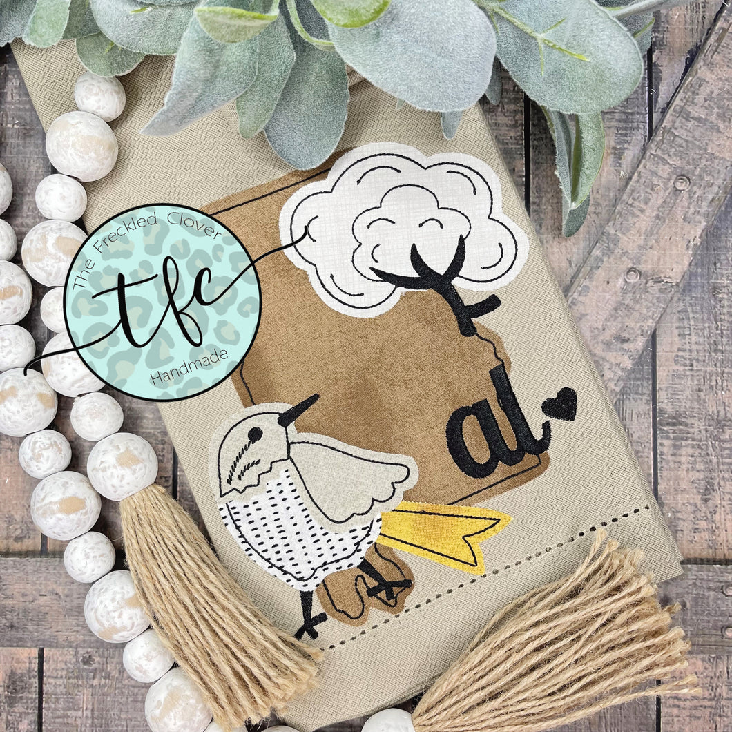 {Alabama State Bird + Cotton Boll} applique tea towel