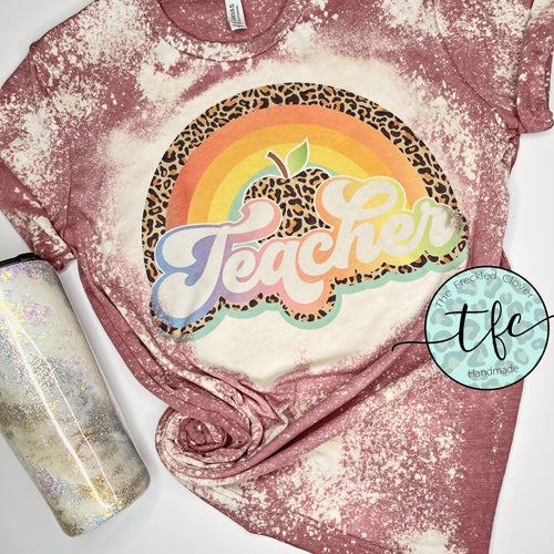 {Leopard+Rainbow Teacher} distressed tee