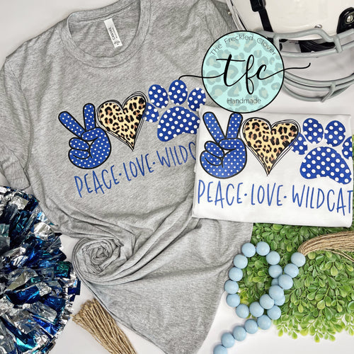 {Peace, Love, Wildcats} adult screen print tee