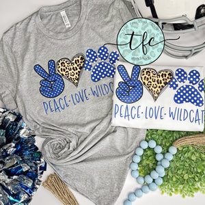 {Peace, Love, Wildcats} adult screen print tee