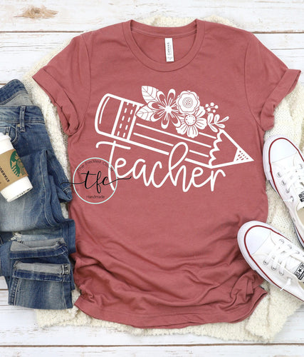 {Teacher} Floral Pencil screen print tee